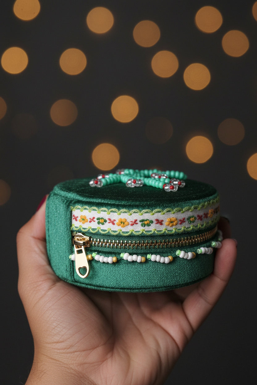 Handcrafted Floral Velvet & Seed Bead Jewelry Box ✨
