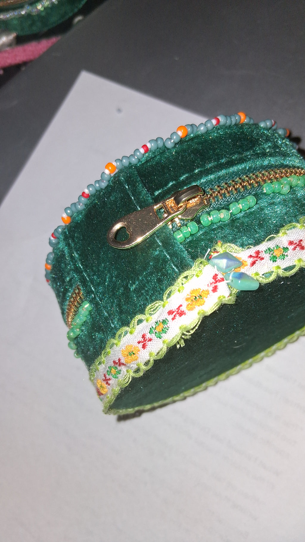Handcrafted Floral Velvet & Seed Bead Jewelry Box ✨