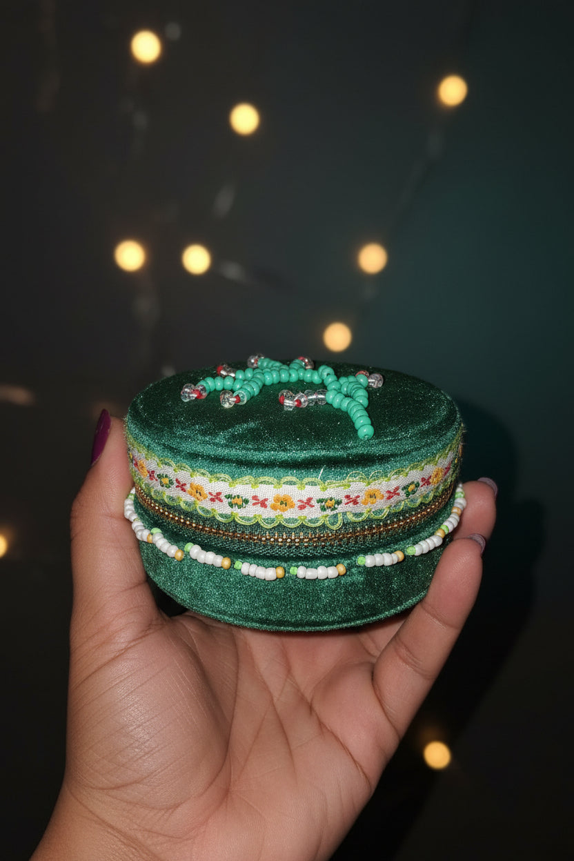 Handcrafted Floral Velvet & Seed Bead Jewelry Box ✨