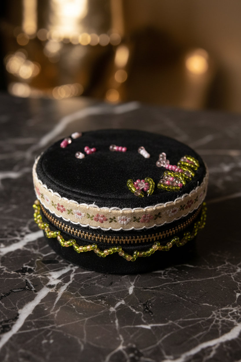 Handcrafted Floral Velvet & Seed Bead Jewelry Box ✨