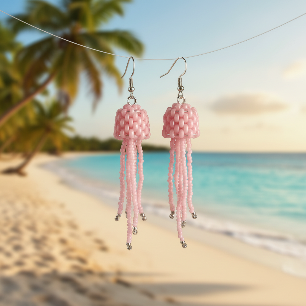 Pink handmade Miyuki jellyfish earrings with sterling silver hooks on a tropical beach background