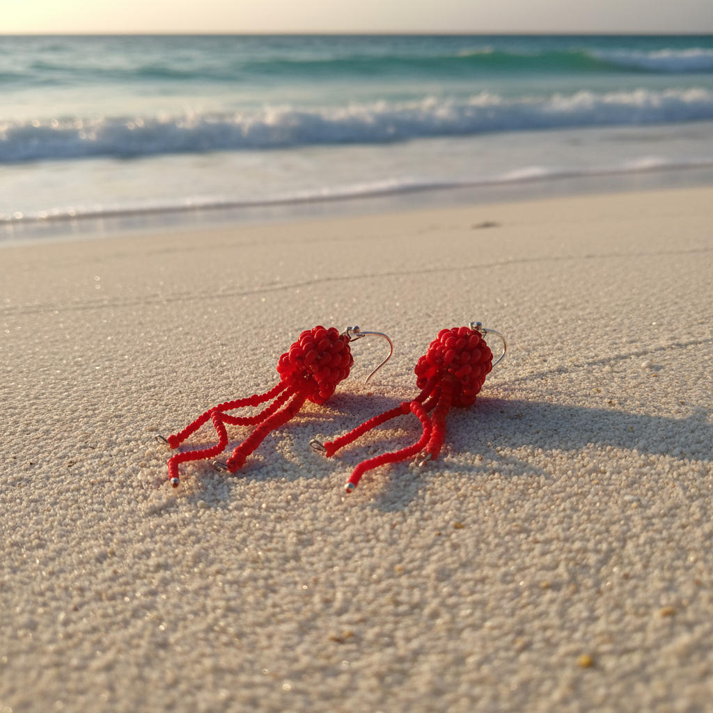 Red handmade jellyfish earrings with sterling silver hooks on a tropical beach background
